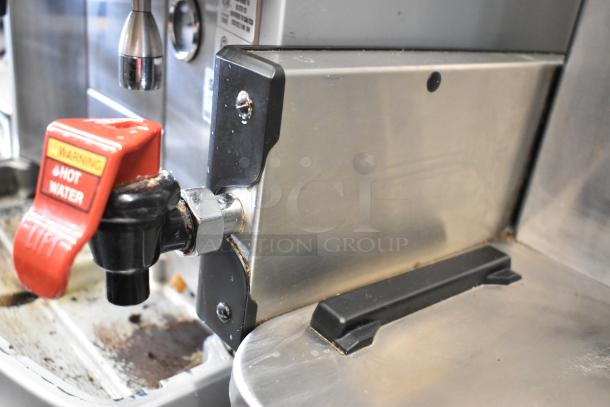 2020 Bunn ICB SH stainless steel coffee machine, features hot water dispenser, visible wear. Model: ICB SH, 120/208V, 1 phase.