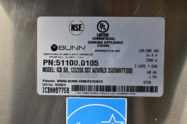 2020 Bunn ICB SH stainless steel commercial coffee machine label. Model: ICB SH, 120/208V, 3500W, 1 Phase. Serial: IC80087758.