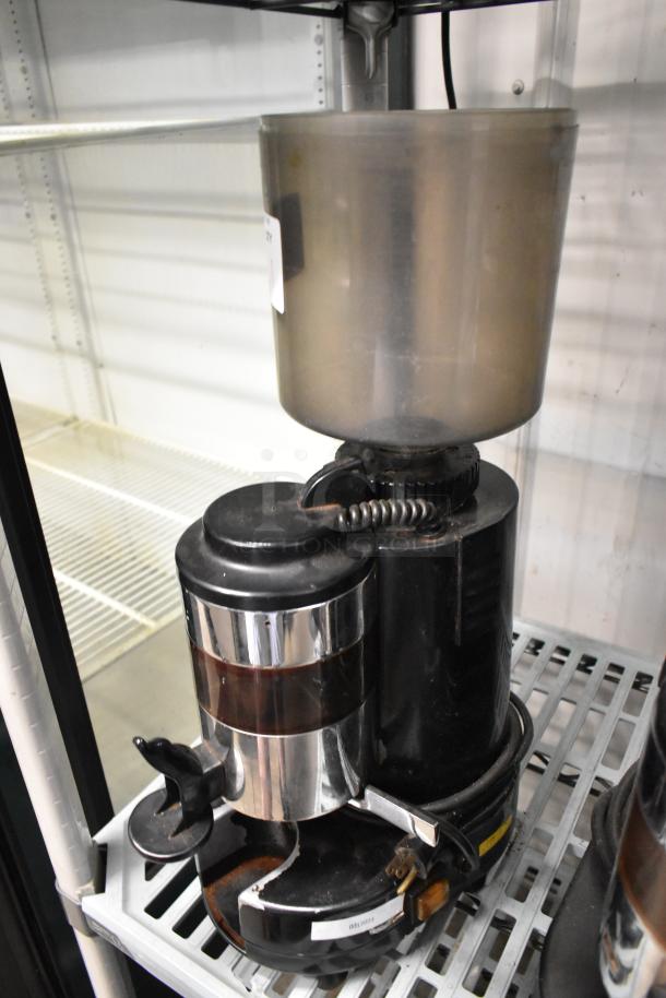 Rossi RR45 metal commercial espresso bean grinder, missing lid, 115 volts, 1 phase, black and chrome finish, fair condition.