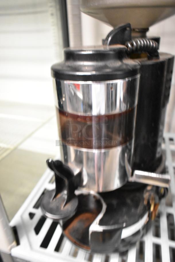 Rossi RR45 metal commercial countertop espresso bean grinder, missing lid, 115 volts, 1 phase shown on a shelf.