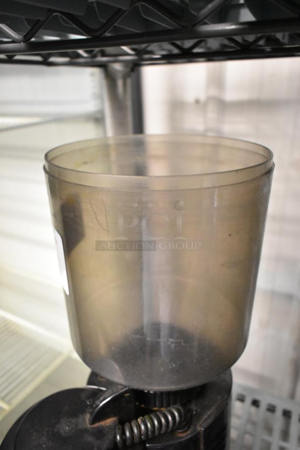 Rossi RR45 Metal Commercial Countertop Espresso Bean Grinder, missing lid, 115 volts, 1 phase, visible wear on container.