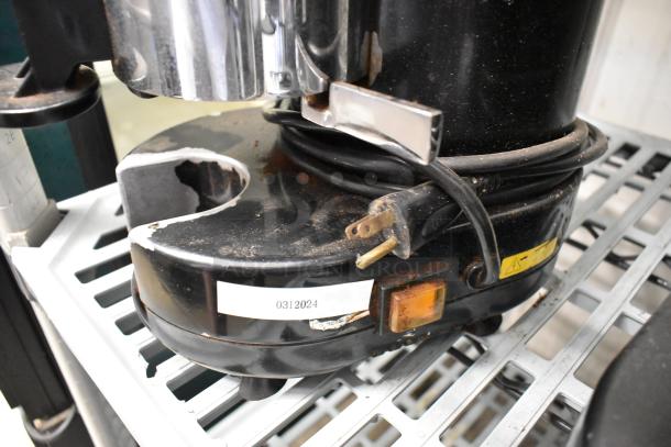 Rossi RR45 metal commercial countertop espresso bean grinder, missing lid, 115 volts, 1 phase, visible rust and wear.