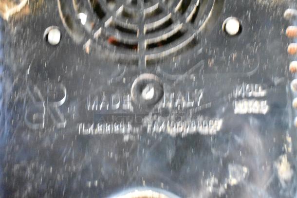 Rossi RR45 metal commercial espresso grinder, made in Italy, missing lid, 115 volts, 1 phase, model markings visible.