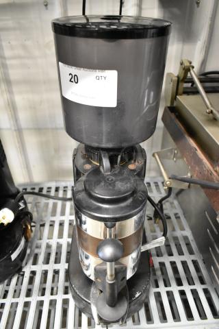 Rossi RR45 metal commercial espresso bean grinder, 115 volts, 1 phase, labeled, in good condition on metal countertop.
