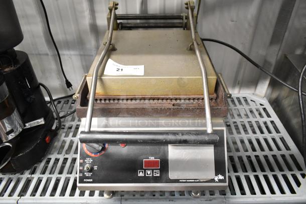 Star CG14IT stainless steel commercial panini press, 120 volts, 1 phase, countertop model, with control panel and timer.