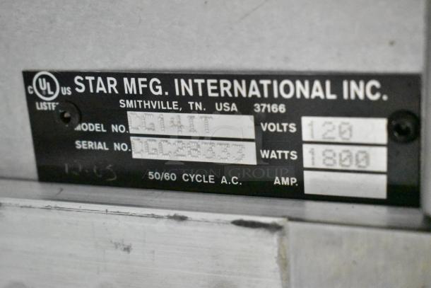 Label on Star CG14IT Panini Press shows: Model CG14IT, 120 Volts, 1800 Watts, made in Smithville, TN, by Star MFG.