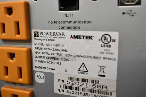 Powervar ABCEG251-11 power conditioner label showing input 120V, output 120V-250VA/200W. Includes UL certification mark.