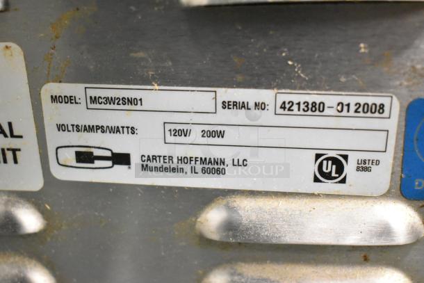 Carter Hoffmann MC3W2SN01 holding bin label showing model, serial number, 120V/200W power rating, UL certification.