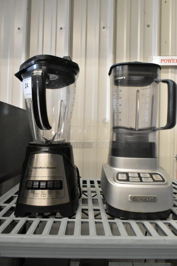 Hamilton Beach 58159 and Cuisinart SPB-650 blenders. Both in black/gray, 120 volts, 1 phase. Plastic jars, visible control buttons.