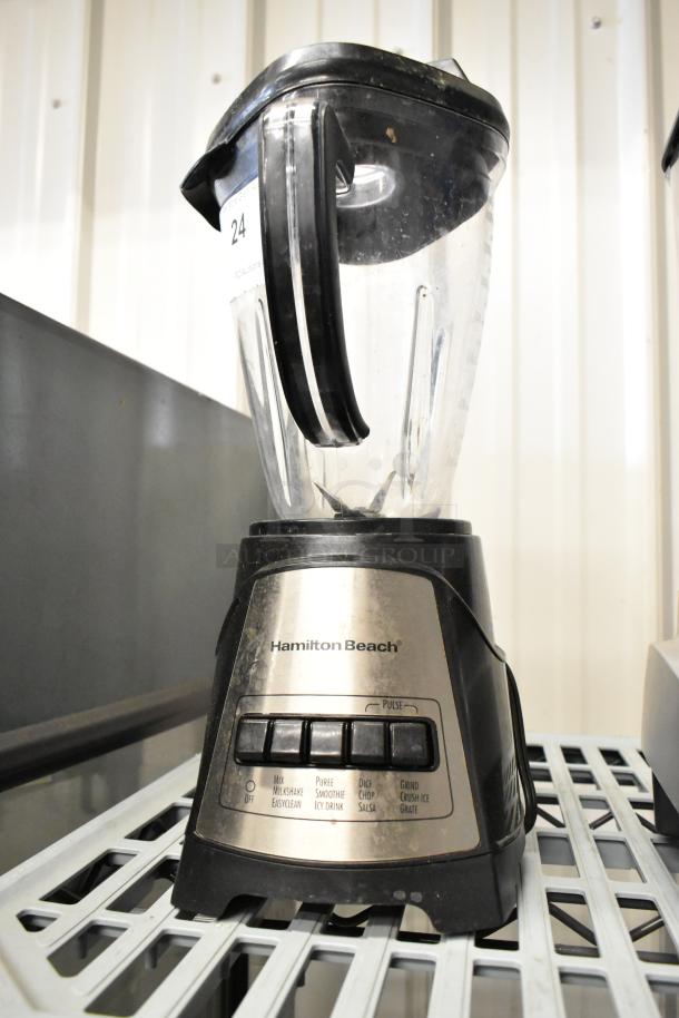 Hamilton Beach 58159 blender, black and stainless steel, push-button controls, 120 Volts, visible wear on base.