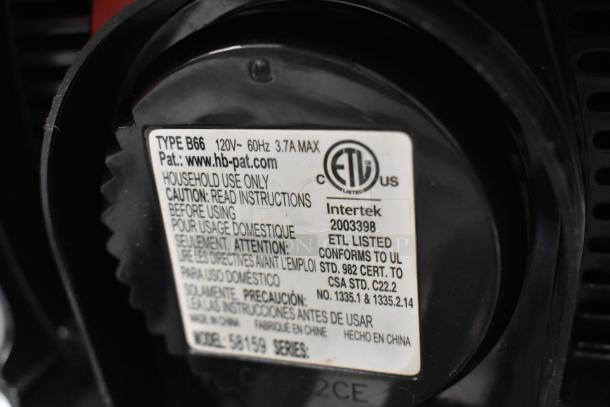 Hamilton Beach 58159 label showing 120V, 60Hz, ETL listed for household use.
