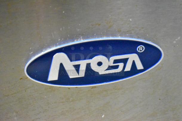 Atosa MSF8301 logo on a stainless steel surface of a 2016 commercial sandwich prep table, indicating brand authenticity.