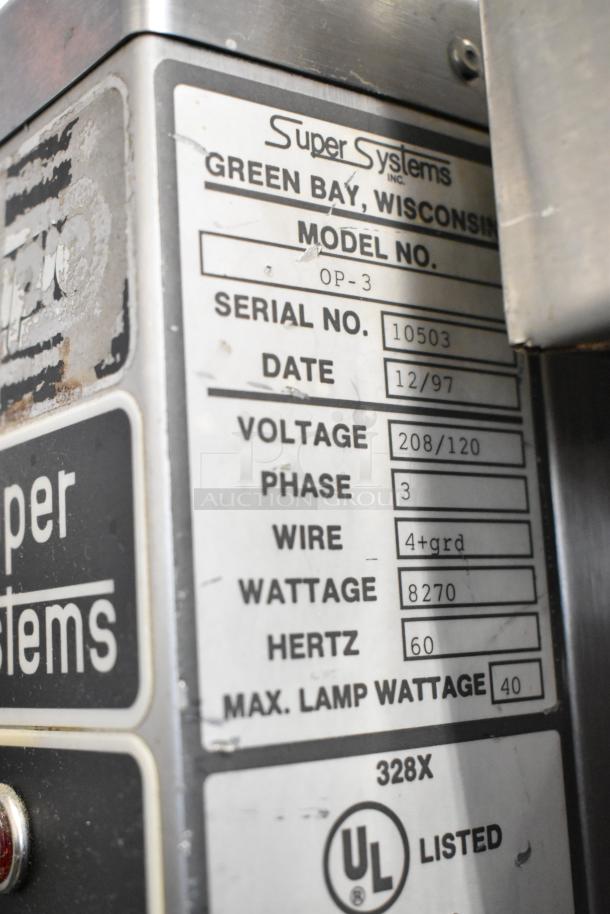 Super Systems OP-3 stainless steel oven proofer label showing model, serial no. 10503, voltage 208/120, 3-phase, 8270W.