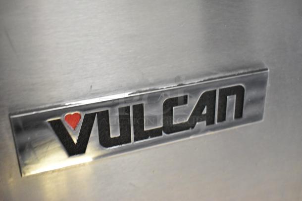 Vulcan 2TR65CF stainless steel logo plate on a commercial deep fat fryer.