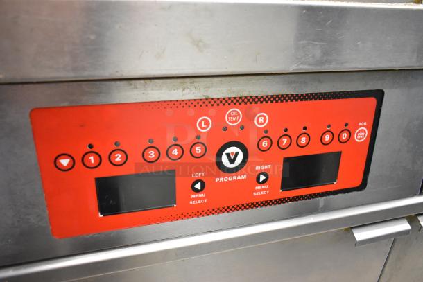 Vulcan 2TR65CF control panel with program buttons, menu select, and digital displays on stainless steel fryer.