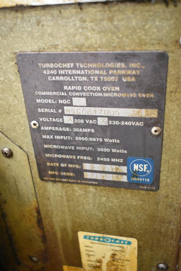 Turbochef NGC Rapid Cook Oven label showing model, serial number, voltage, amperage, and NSF certification.