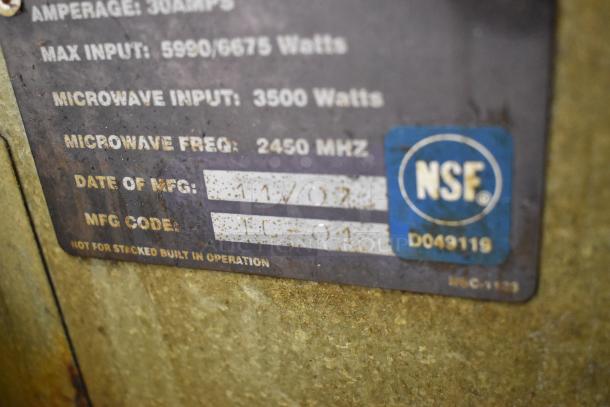 Turbochef NGC commercial rapid cook oven label showing date of manufacture, MFG code, and NSF certification.
