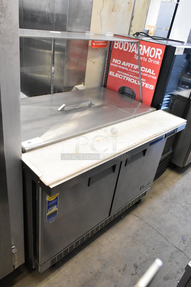 Everest EPBR2 stainless steel prep table, sneeze guard, commercial casters, 115V, 1 Phase, visible branding and labels.