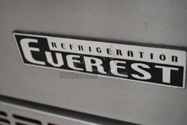 Everest EPBR2 stainless steel commercial prep table, sneeze guard, on casters. 115V, 1 phase. Everest logo visible.