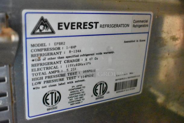 Everest EPBR2 stainless steel prep table label showing model, compressor details, refrigerant type, and certification info.