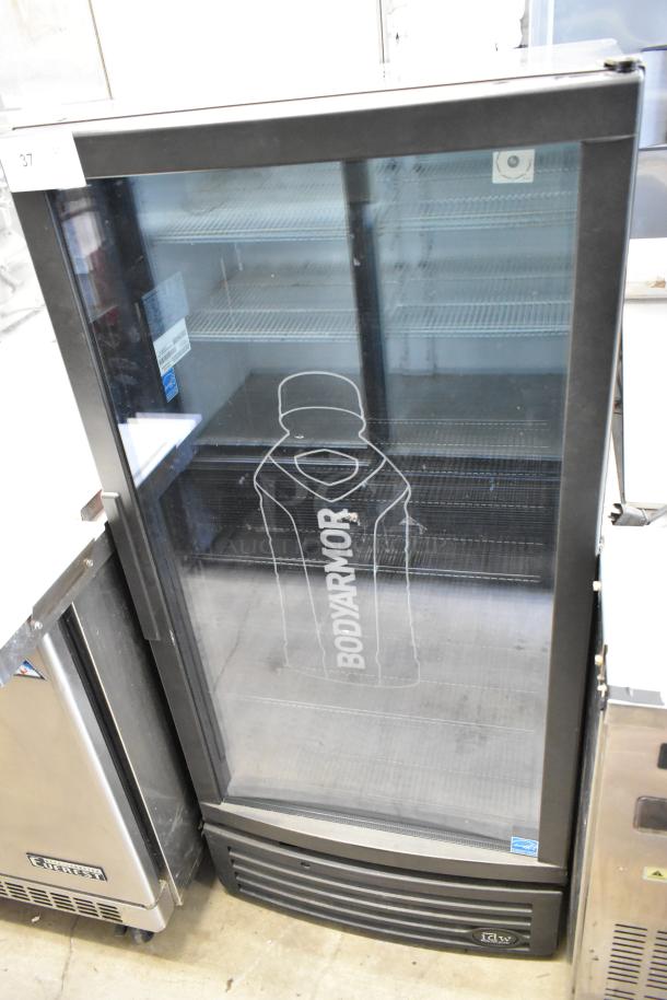 IDW GCG-10-F334B single door reach-in cooler with poly coated racks, metal frame, and 115 volts. BodyArmor branding.