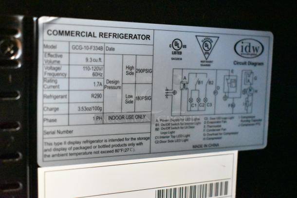 IDW GCG-10-F334B commercial cooler label with specs: 115V, 1 Phase, R290 refrigerant, 9.3 cu. ft., UL listed.