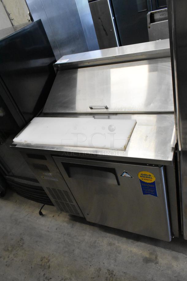 Everest EPR1 stainless steel sandwich salad prep table with Bain Marie top, on commercial casters. 115V, 1 phase.