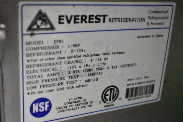 Everest EPR1 label showing specs: 1/5HP, R-134a, 115V, 60Hz, NSF certified, ETL listed, commercial refrigeration unit.