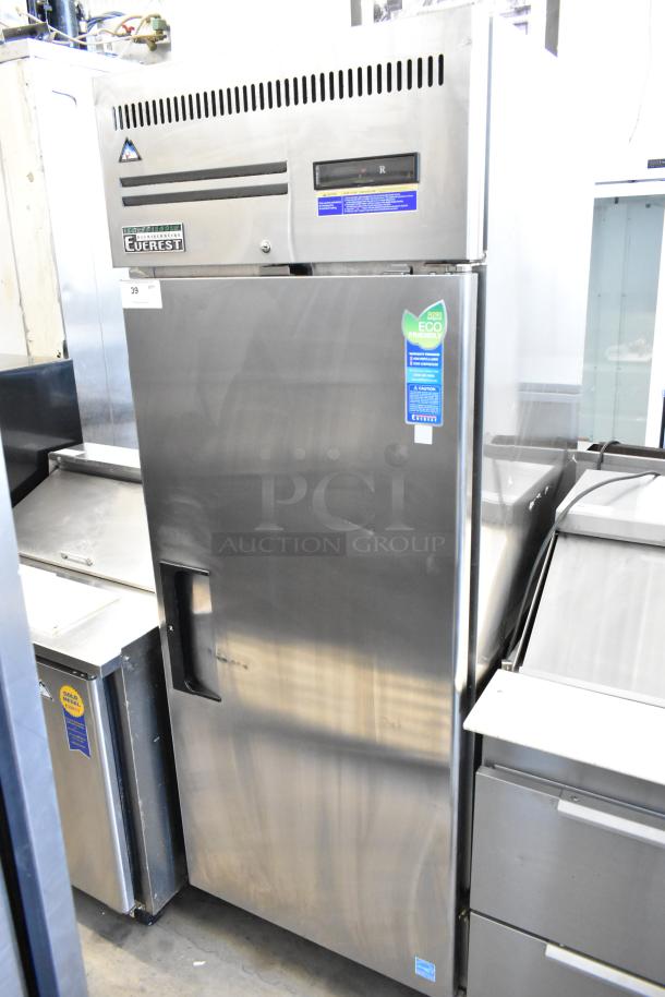 Everest ESR1 commercial single door cooler, stainless steel, with poly coated racks, on casters; 115V, 1 phase.
