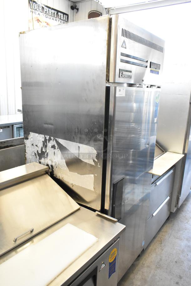 Everest ESR1 stainless steel commercial single door cooler, poly-coated racks, on casters; visible wear on the side.
