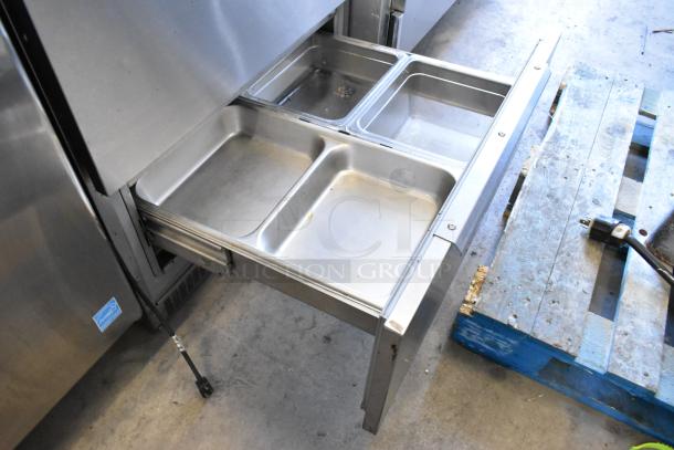 Randell 941452D7 stainless steel prep table with 2 drawers, bain marie pans, on commercial casters. 115V, 1 phase.