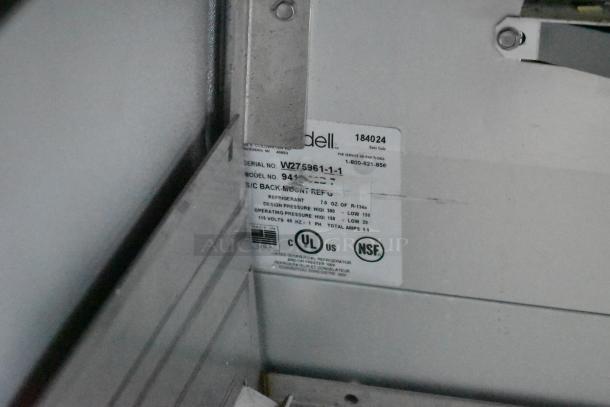 Randell 941452D7 stainless steel prep table label showing model and specs; 115V, 1 phase, UL and NSF certified.