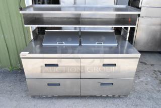 Delfield UCD4464N-12-DD Stainless Steel Commercial Sandwich Salad Prep Table Bain Marie Mega Top w/ 4 Drawers and Over Shelf on Commercial Casters. 115 Volts, 1 Phase. - Item #1205244