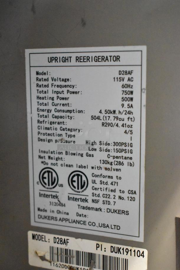 Dukers D28AF commercial freezer info plate with specs: 115V, 504L capacity, R290 refrigerant, certified by ETL and Intertek.