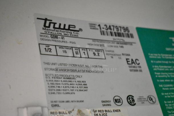 True GDM-41 label displaying model, electrical specifications, and certifications, including voltage and refrigerant type.