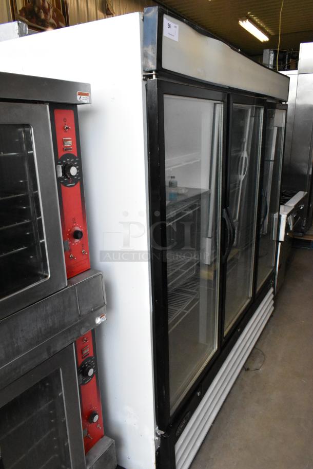 Kool-It KGF-72 commercial 3-door cooler, metal build, with poly-coated racks. Features glass doors and Kool-It branding. 115V, 1 Phase.