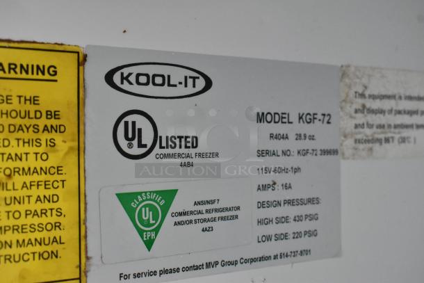 Kool-It KGF-72 commercial cooler label showing model, serial number, 115 volts, UL listed, and specifications.