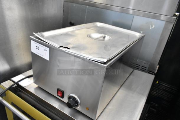 Stainless steel commercial countertop food warmer, model SEJ8000C, 120V, 1 phase. Features control knob and indicator light.