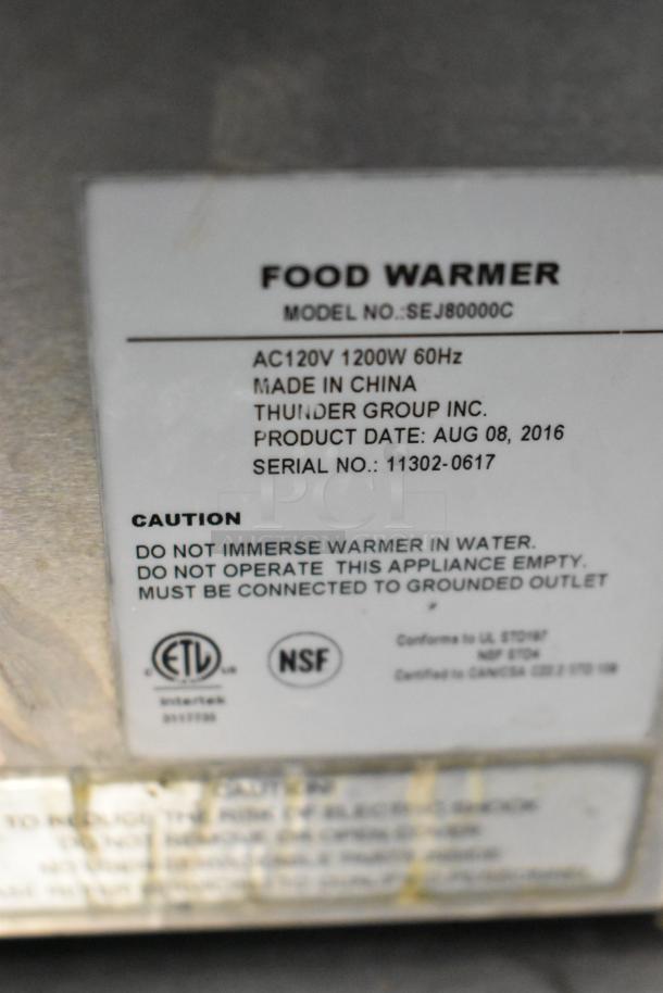 SEJ8000C stainless steel commercial countertop food warmer label. Model: SEJ8000C, 120V, made in China, Thunder Group.