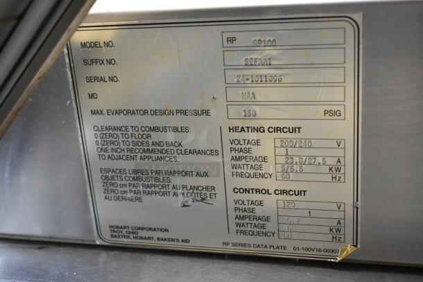 Baxter RP100 Stainless Steel Roll-In Rack Proofer label, 208/240V, 1 Phase. Includes heating and control circuit details.