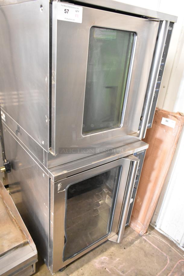 Two Moffat E89AMS Turbofan 32 stainless steel convection ovens with view-through doors, metal racks, and thermostatic controls.