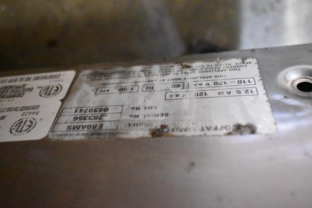 Label close-up of Moffat E89AMS Turbofan oven showing model, serial number 283356, and electrical specifications.