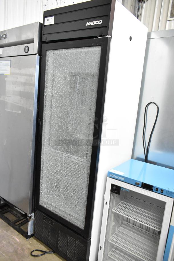 2019 Habco SE18 commercial single door cooler with glass damage, 115V, 1 phase, black and white metal frame.
