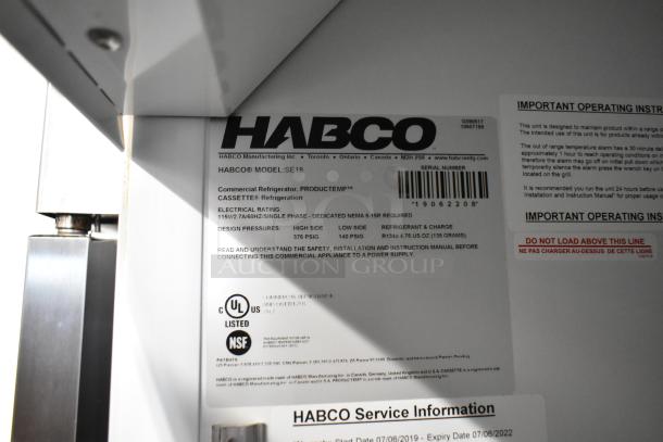 2019 Habco SE18 Commercial Cooler label showing model details, electrical rating of 115 volts, and NSF certification.