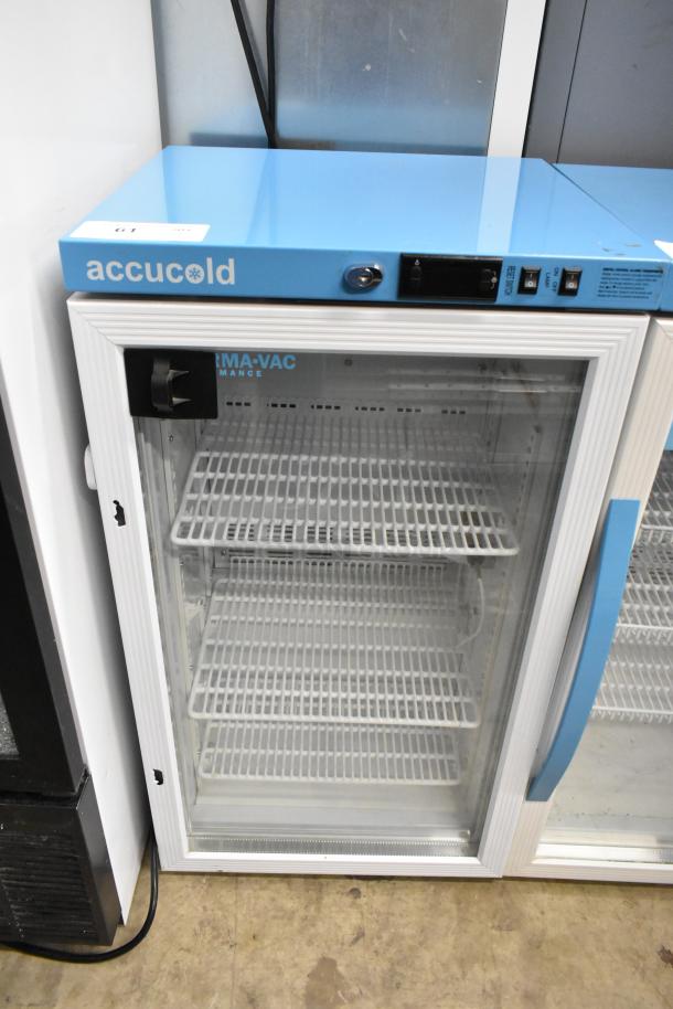 2019 Accucold ARG3PV Metal Mini Cooler Merchandiser, 115V, 1 Phase, glass door, white shelves, excellent condition.