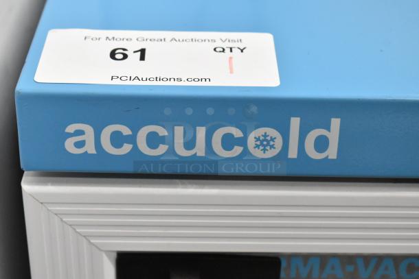 2019 Accucold ARG3PV mini cooler merchandiser, 115 volts, 1 phase, metal construction, model label visible.