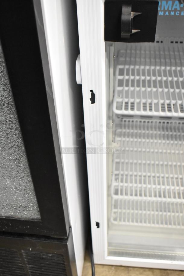 2019 Accucold ARG3PV metal mini cooler merchandiser, 115V, 1 phase, glass door, internal shelving, white trim.