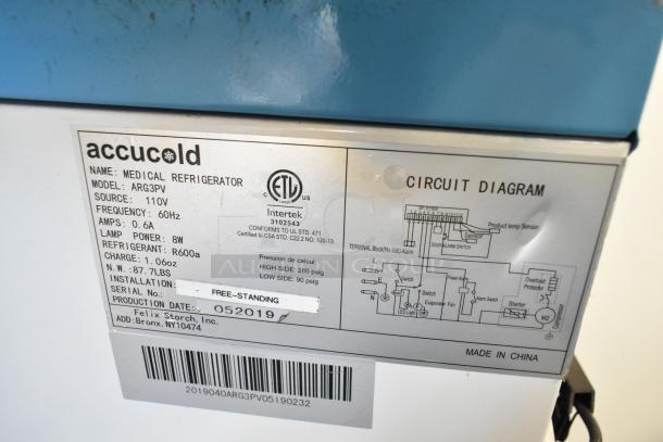 2019 Accucold ARG3PV Mini Cooler Merchandiser, 115V, 1 Phase, model label showing specifications and circuit diagram.