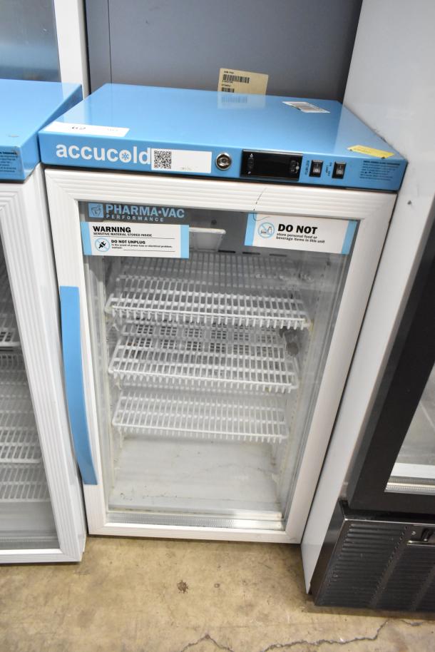 Accucold ARG3PV metal mini cooler merchandiser, 115V, 1 phase. Features warning labels, glass door, and adjustable shelves.