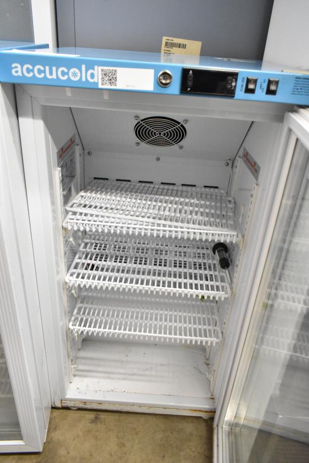 Accucold ARG3PV mini cooler merchandiser, metal, 115V, 1 Phase, white wire shelves, visible control panel, labeled Accucold.
